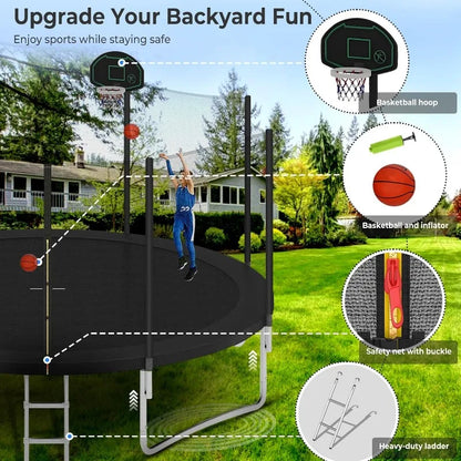 Trampoline Outdoor, Large Kids Trampoline with Light, Stakes, Sprinkler