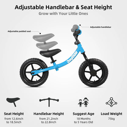 12 Inch Balance Bike for 18months, 2-5 Years Old Boys and Girls, with Adjustable Handlebars