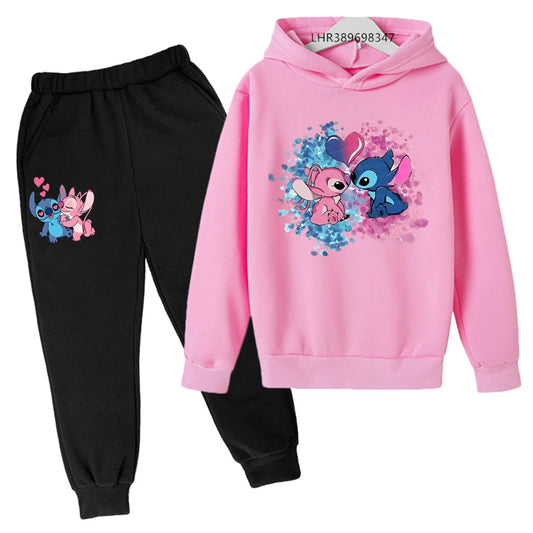 Pink Children Hoodie Stitch Cartoon Print Sweatshirt +Pants Boys Girls Toddler age 3-12 Girls