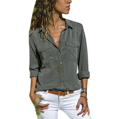 Womens Fashion V Neck Shirts Long Sleeve Tops Pockets Design
