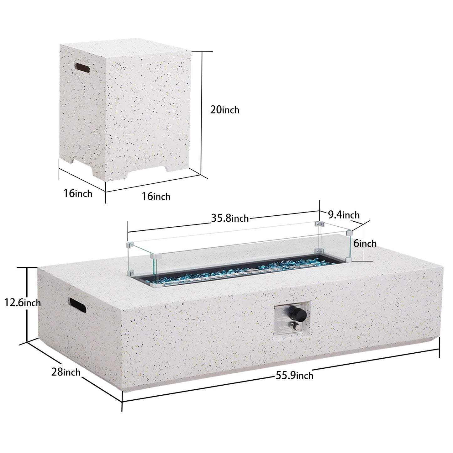 3-Piece Outdoor Propane Fire Table Set, 56-inch x 28-inch Gray (50,000 BTU'S, Wind Glass