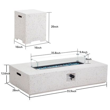 3-Piece Outdoor Propane Fire Table Set, 56-inch x 28-inch Gray (50,000 BTU'S, Wind Glass
