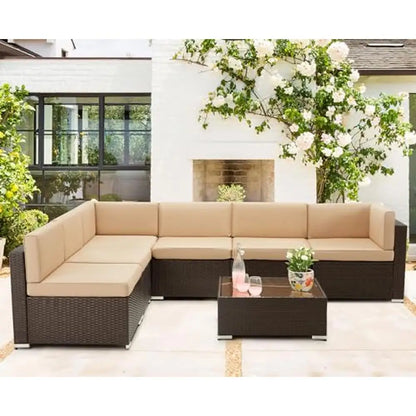 Outdoor Patio Furniture Set 7 Piece Wicker Sofa Sectional Set with Cushions & Tea Table brown