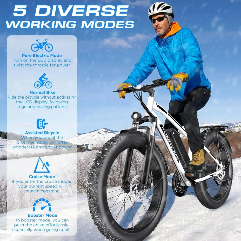 Electric Bike, 1000W Peak E bike, , 26" Fat Tire Electric Bicycle with 48V 13AH Battery, 7 Speed