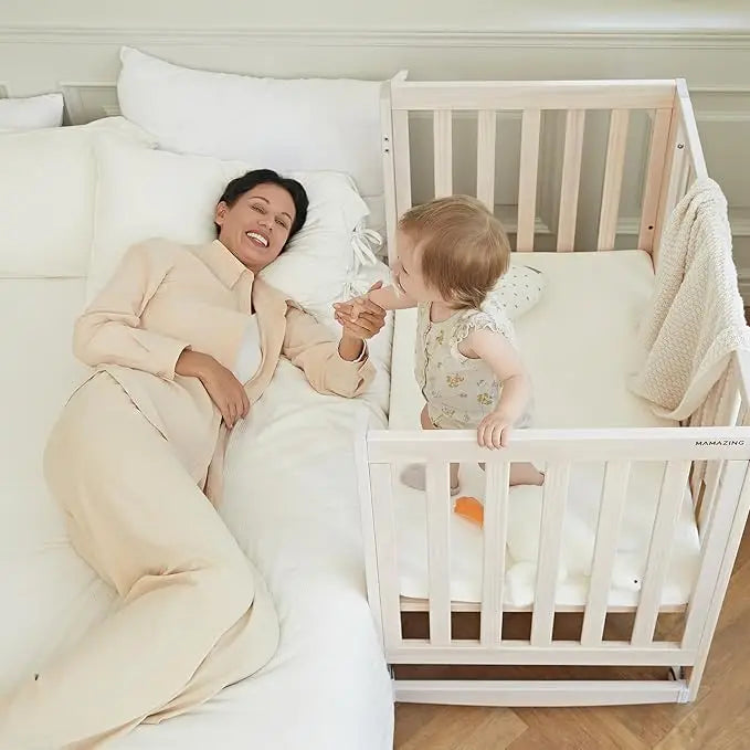 11-in-1 Convertible Baby Crib With Removable Wheels, Washed Natural, 4 Mattress Heights, Pinewood