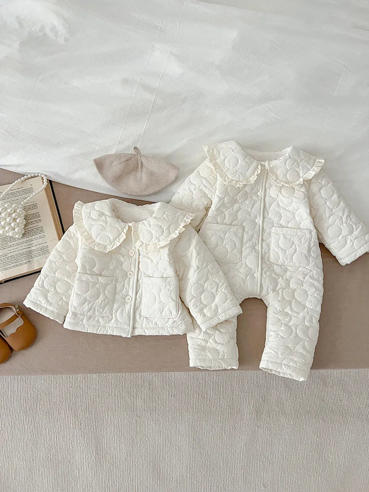Winter New Baby Girl Warm Coat Cotton Infant Large Lapel Floral Padded Jacket Plus Velvet Thick Kids Cardigan