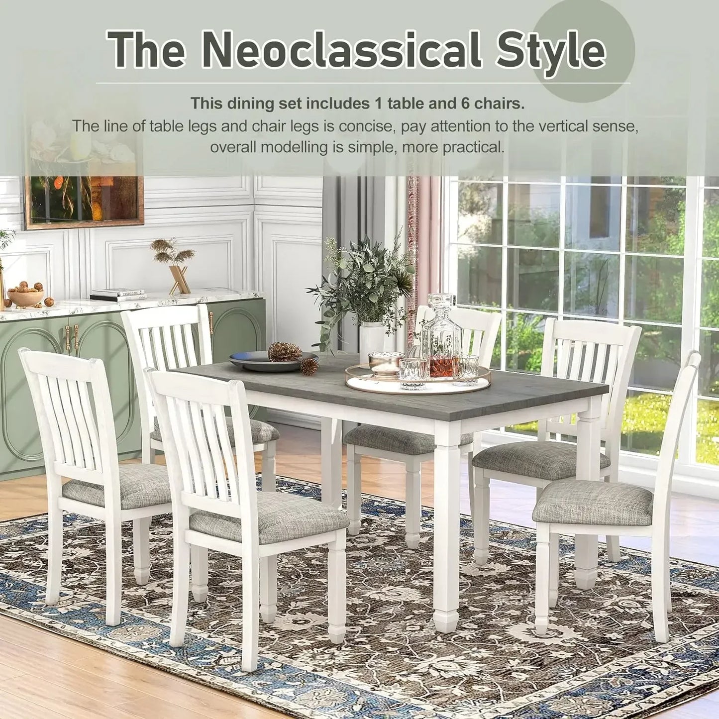 7-Piece Kitchen Dining Table Set for 6, Wood Kitchen Table and 6 Upholstered Chairs with Backrest