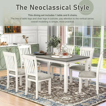 7-Piece Kitchen Dining Table Set for 6, Wood Kitchen Table and 6 Upholstered Chairs with Backrest