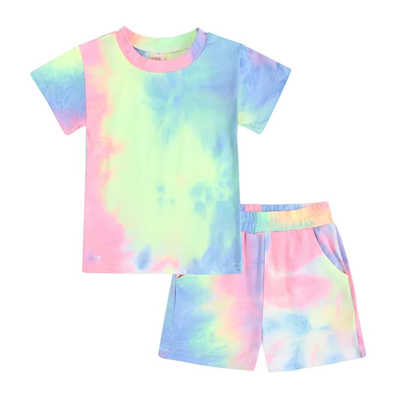2 Pcs Boys Girls Clothes Summer Tie Dye Kids Baby Outfits