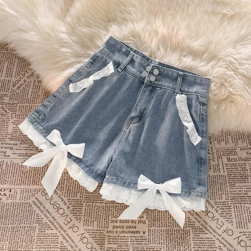 Blue High Waist Denim Shorts with lace for Women