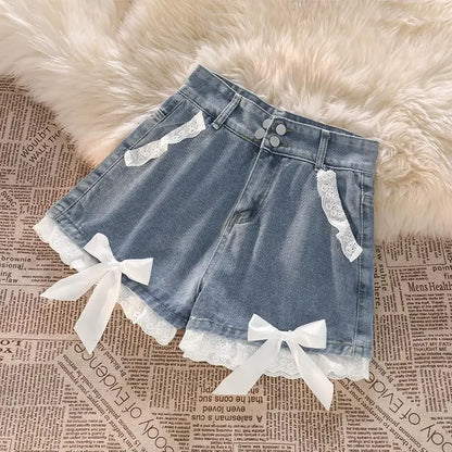 Blue High Waist Denim Shorts with lace for Women