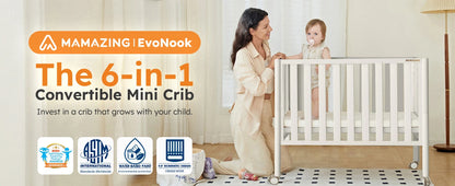 6-in-1 Convertible Mini Crib With Removable Wheels & Mattress, 4 Adjustable Heights, White