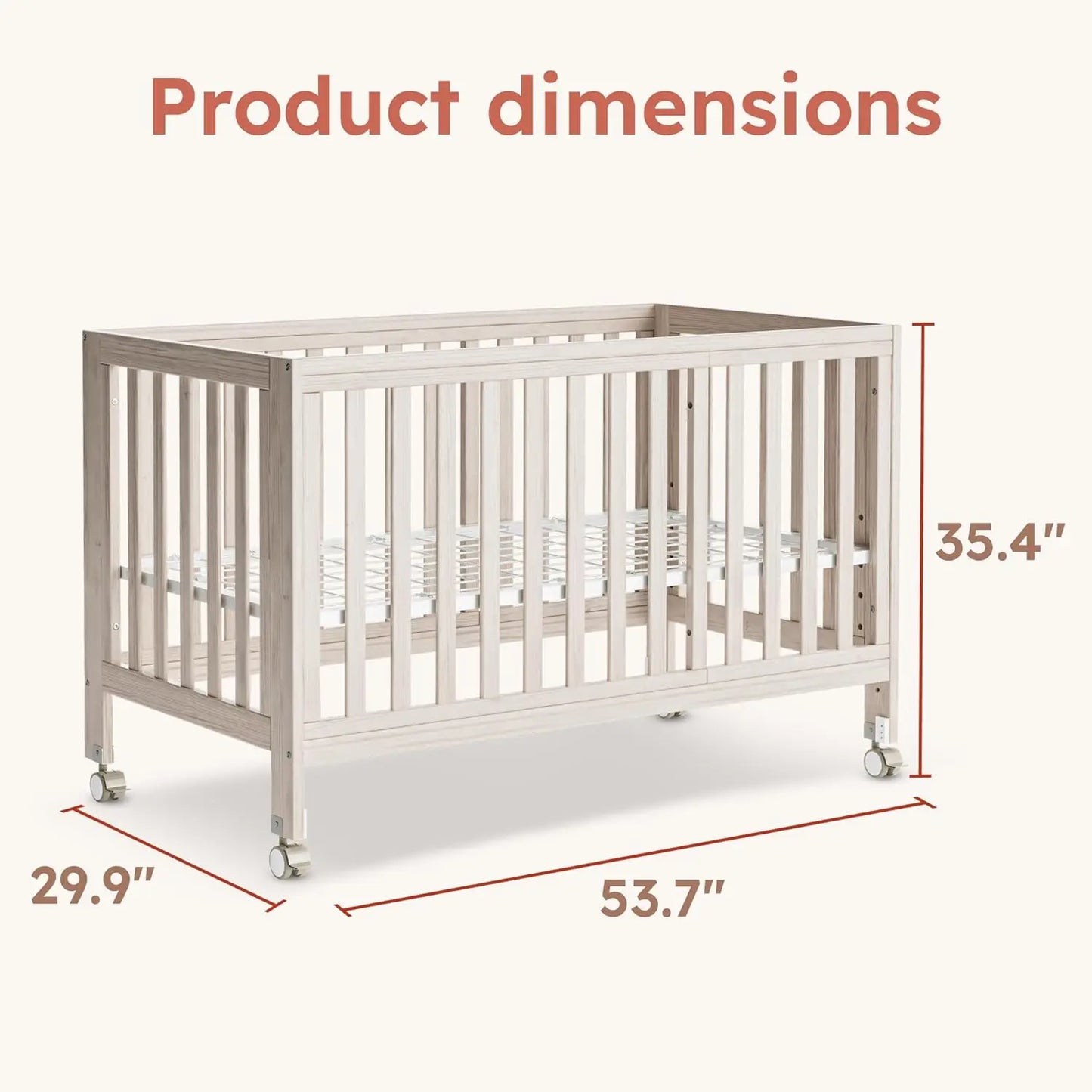 11-in-1 Convertible Baby Crib With Removable Wheels, Washed Natural, 4 Mattress Heights, Pinewood