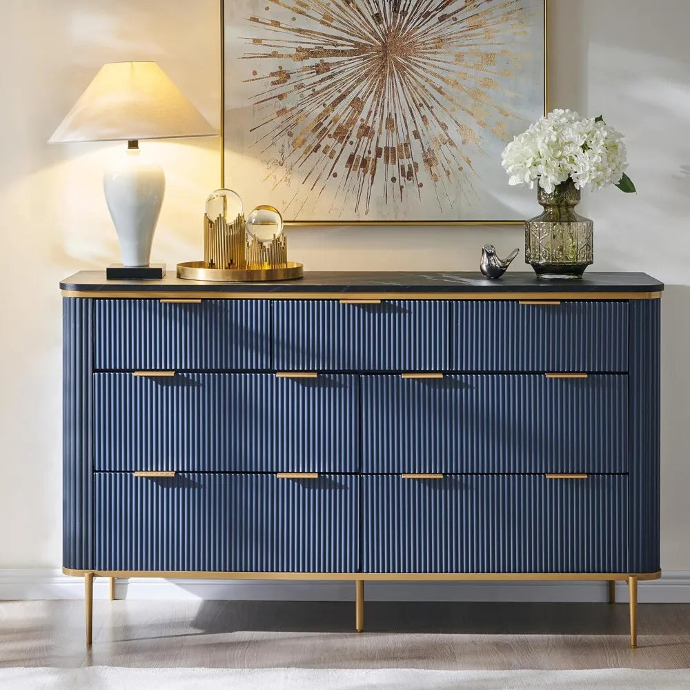 Fluted 7 Drawers Dresser for Bedroom, 54" Wide Modern Dresser TV Stand, Gold Accents, Fluted Fronts, Wood Storage Dressers