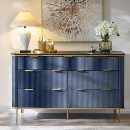 Fluted 7 Drawers Dresser for Bedroom, 54" Wide Modern Dresser TV Stand, Gold Accents, Fluted Fronts, Wood Storage Dressers