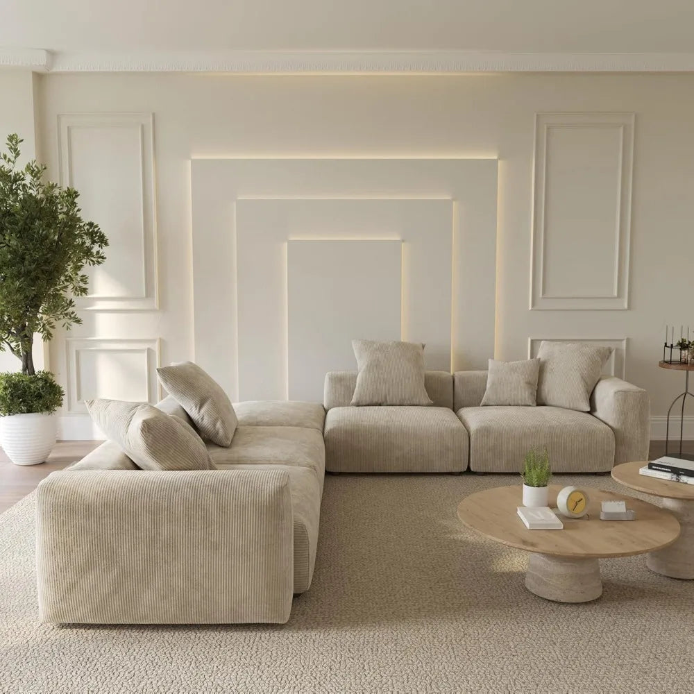 Oversized Modular Sectional Sofa with Ottomans, 5 Seater Corduroy V Shaped Reversible Corner Couch