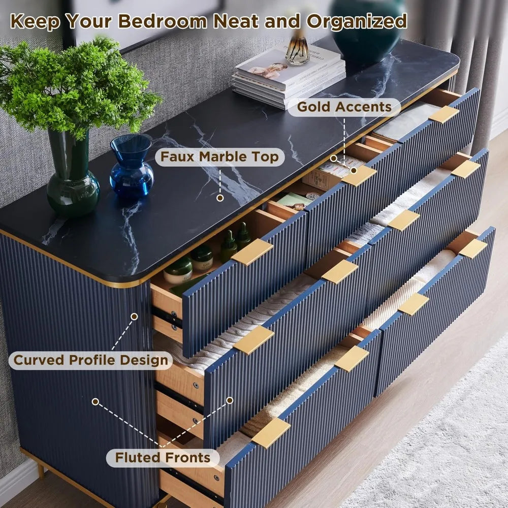 Fluted 7 Drawers Dresser for Bedroom, 54" Wide Modern Dresser TV Stand, Gold Accents, Fluted Fronts, Wood Storage Dressers