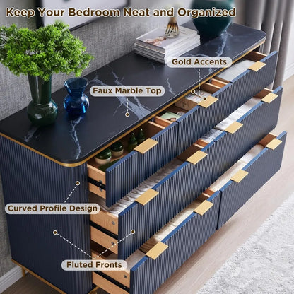 Fluted 7 Drawers Dresser for Bedroom, 54" Wide Modern Dresser TV Stand, Gold Accents, Fluted Fronts, Wood Storage Dressers