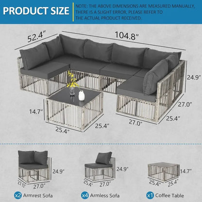 7 Pieces, Wicker Outdoor Sectional Conversation Couch with Adjustable Backrest Sofa.