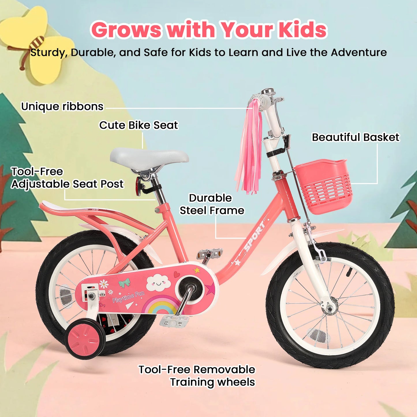 12 Inch Kids Bike for Ages 2-5 Years Old Girls, with Training Wheels, for girls and toddlers