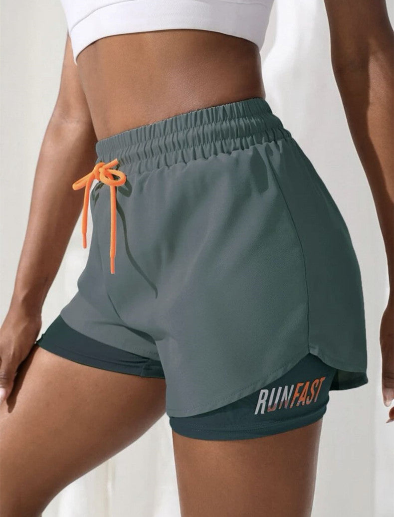 Mermaid Curve Breathable Letter Graphic 2 In 1 Sport Shorts Women Quick Dry Running Shorts Drawstring Waistband Fitness