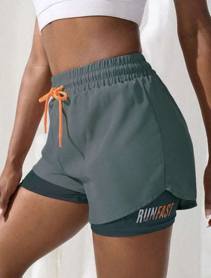 Mermaid Curve Breathable Letter Graphic 2 In 1 Sport Shorts Women Quick Dry Running Shorts Drawstring Waistband Fitness