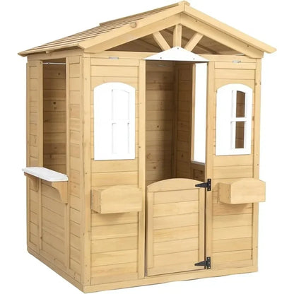 Playhouse for Age 3-6 Years Wood Cottage w/Mailbox Bench Door Windows Flowerpot Holders