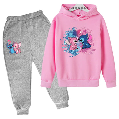 Pink Children Hoodie Stitch Cartoon Print Sweatshirt +Pants Boys Girls Toddler age 3-12 Girls