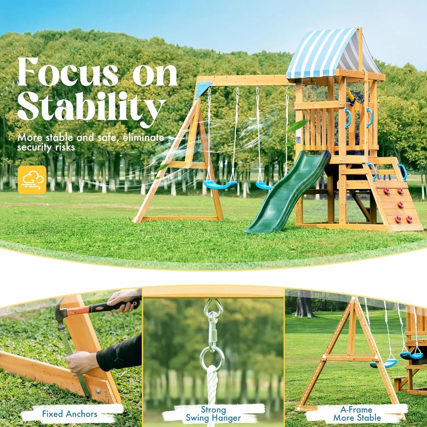 Wooden Swing Set with Dual Swings Slide Rock Climbing Wall Chalkboard Telescope Fort, Backyard Fun for Kids