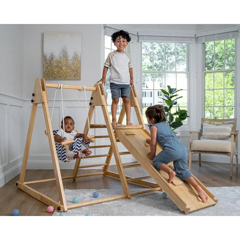 4-in-1 Indoor Play Gym - Jungle Gym Playset with Baby Swing, Ladder,  Climbing Wall - Foldable Wooden Playset