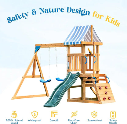Wooden Swing Set with Dual Swings Slide Rock Climbing Wall Chalkboard Telescope Fort, Backyard Fun for Kids