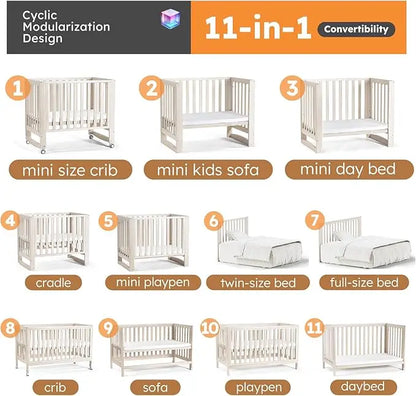 11-in-1 Convertible Baby Crib With Removable Wheels, Washed Natural, 4 Mattress Heights, Pinewood