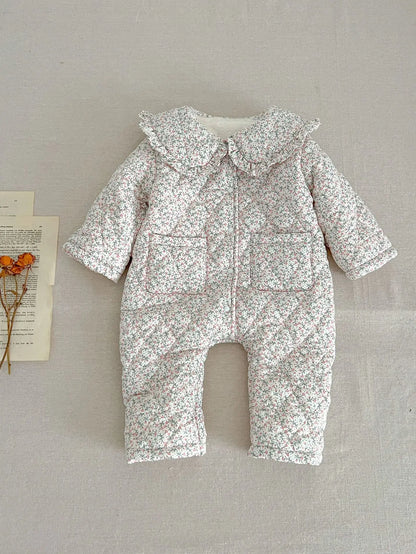 Winter New Baby Girl Warm Coat Cotton Infant Large Lapel Floral Padded Jacket Plus Velvet Thick Kids Cardigan