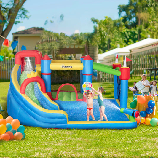 6-in-1 Inflatable Bounce House Outdoors, Inflatable Water Slide for Kids