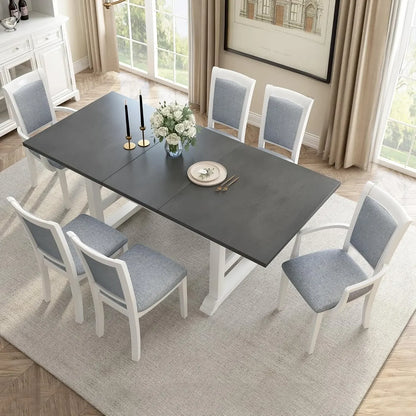 7-Piece Kitchen Dining Table Set for 6, Wood Kitchen Table and 6 Upholstered Chairs with Backrest