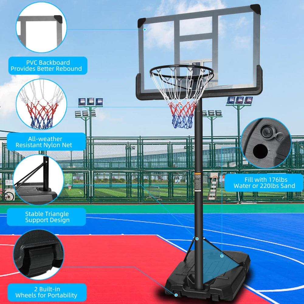 Portable Basketball Hoop Backboard System Stand6.6ft-10ft with 44 Inch Wheels for whole family