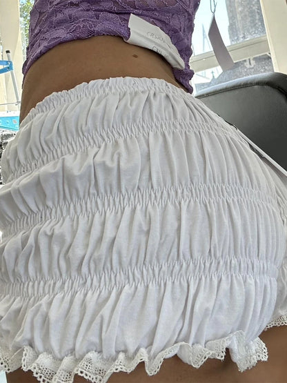 Women s Lace Trim Elastic Waist Pajama Shorts with Ruched Detail.