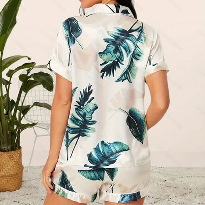 Women's Pajama Two Piece Set Summer Leopard Print Short Sleeve Top Shorts Satin Pajama Set